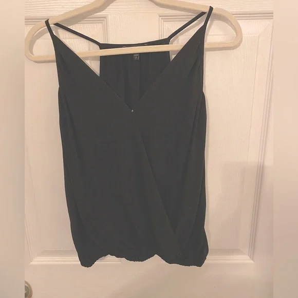 Black, sleeveless spaghetti strap top. Crosses, appears layered in the front. - Picture 2 of 4